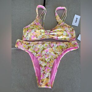 Hurley Printed Bikini Top And Cheeky Swim Bottoms Pink Punch 2 Piece NWT Cute LL